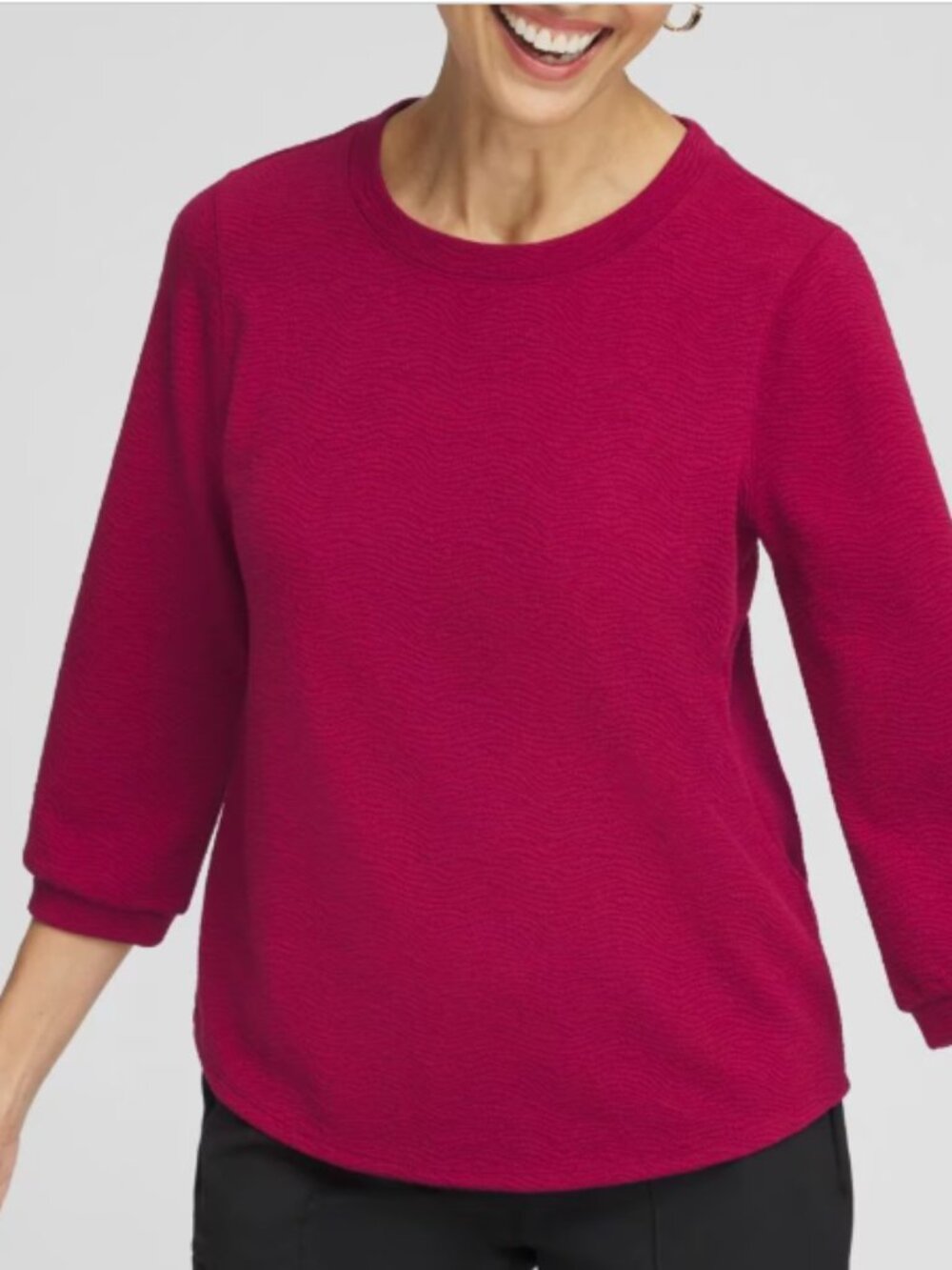 Chico’s Textured 3/4 Sleeve Stretchy Top Size LARGE (Chico's 2) Raspberry Red